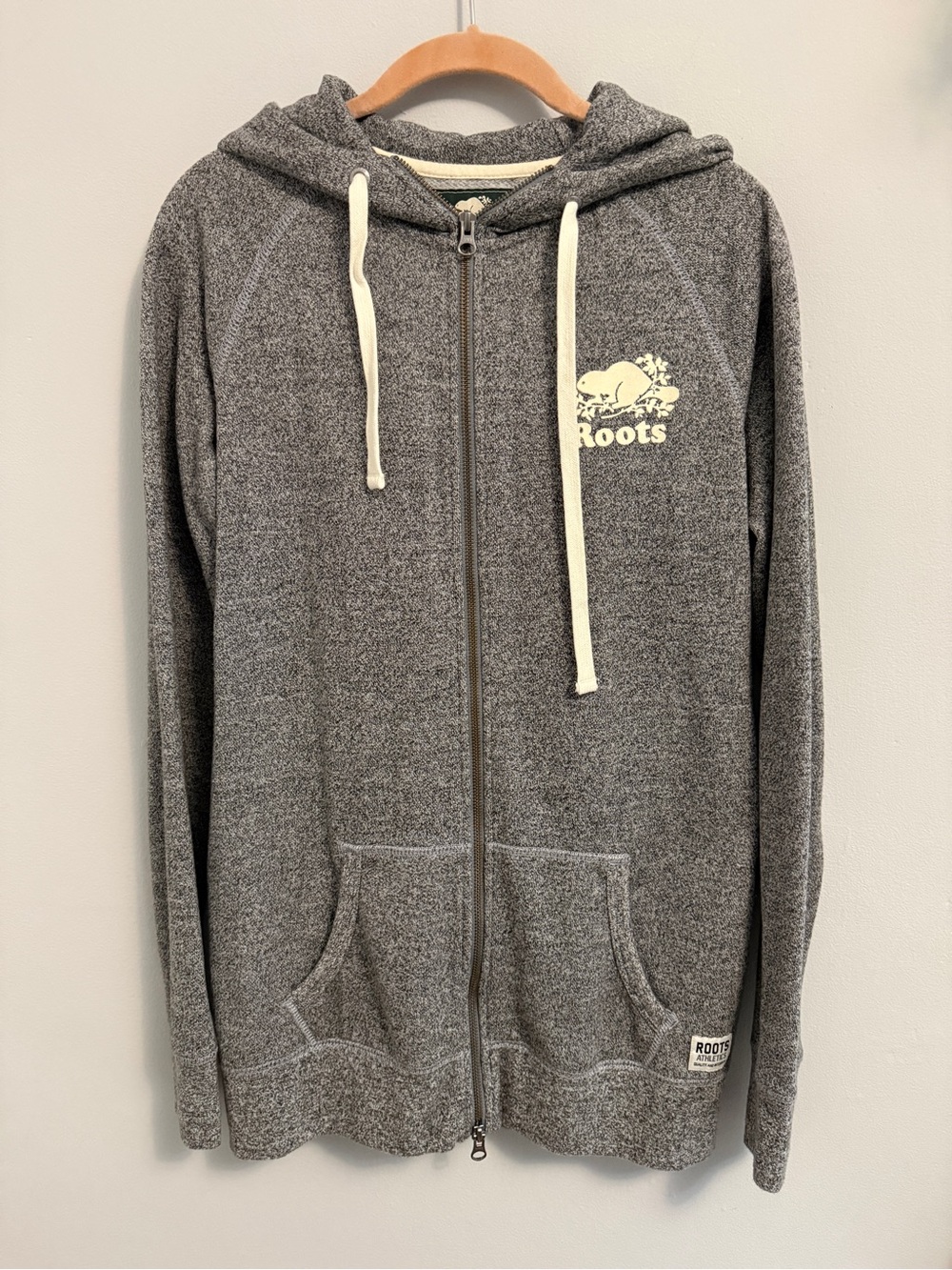 Roots Women's Heather Gray Zip Hoodie with Cream Drawstrings
